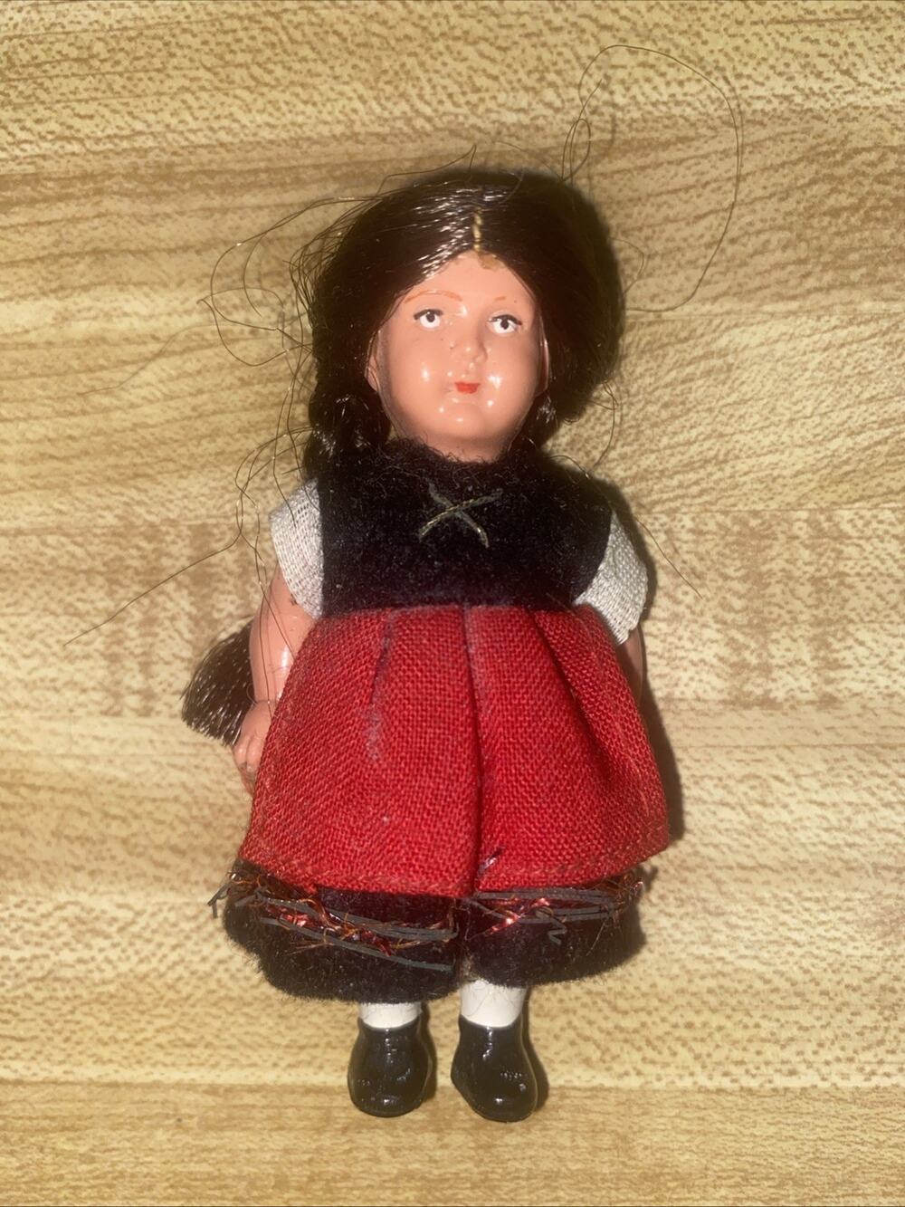 Vintage 1950s Hard Plastic Ethnic German Mini Girl Doll 3.25” Tall
